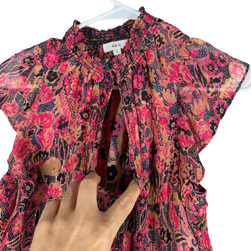A.L.C. Women’s 4 Hayley Printed Top Silk Blend Chiffon Flutter Sleeve Blouse - Picture 11 of 14